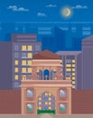 City skyline vector illustration. Urban landscape. Night time cityscape flat style with moon in sky