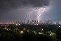 city skyline with view of towering clouds and lightning after hurricane has passed Royalty Free Stock Photo