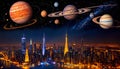 City skyscraper night lights cosmos art solar system planet moon Royalty Free Stock Photo