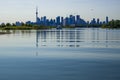 City skyscraper view cityscape background skyline silhouette, lake water and forest with copy space Royalty Free Stock Photo