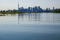 City skyscraper view cityscape background skyline silhouette, lake water and forest with copy space Royalty Free Stock Photo