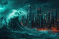 City Skyscrapers Engulfed by Enormous Wave, An economic tsunami towered over a cityscape indicating a looming inflation crisis, AI