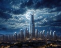 city with skyscrapers. metropolis cityscape at night with full moon in the sky Royalty Free Stock Photo