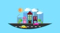 A city, a small city hanging in the air in a flat style with houses with a sloping tile roof, cars, trees, birds, clouds, sun, roa