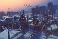 City snowy winter scene,rooftops covered with snow at sunset