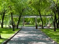 City square. Cobblestone path, benches for rest. Green vegetation in the park
