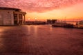 City square and River port in Kyiv at sunrise, scenic cityscape, Ukraine