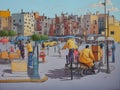 City, square, vendors, watercolor, impressionism.