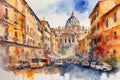 Watercolor painting of Rome landscape, Italy.