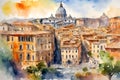 Watercolor painting of Rome landscape, Italy.