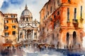 Watercolor painting of Rome landscape, Italy.