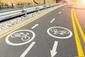 City street asphalt road with separated two way direction bicycle lane route sign mark with white paint. Modern eco