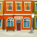 City street background with shop building, cartoon vector illustration