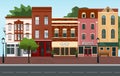 City street building houses architecture empty center road. Urban cityscape spring or summer morning horizontal banner