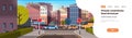 City street building urban traffic cars on road downtown early morning sunrise horizontal banner copy space flat
