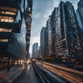 A city street with buildings and cars.