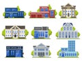 City street buildings. Public modern library, theater and museum, bank, police office exterior, hospital facade isolated