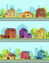 City street with buildings, suburban road and houses, cottages. Vector seamless horizontal cityscapes