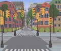 City street with buildings, traffic light, crosswalk and traffic sign. Cityscape background.