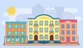 City street with buildings. Houses in flat style. Cartoon home cityscape background. Vector illustration Royalty Free Stock Photo