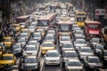 city street is bustling chaos traffic cars jam the road during rush hour, cacophony of honking horns