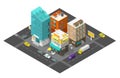 City street cafe and bank. Town district quarter Isometric road 3d. Cars end buildings top view. Vector illustration