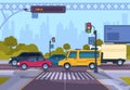 City street. Cartoon town cityscape with cars and crosswalk, town traffic on crosswalk. Vector urban highway landscape