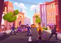 City street with characters on road, illustration