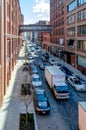 City street in Chelsea with cars and a truck, aerial view from the High Line Rooftop Park, New York City Royalty Free Stock Photo