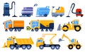 City street cleaning equipment, vacuums, sweeping and washer machines. Road asphalt cleaner vehicle. Municipal cleanup