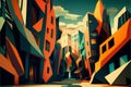 City street with colorful buildings, vector illustration, eps 10.