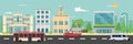 City street and company buildings , minibus and van on street vector illustration, a flat style design.Business buildings