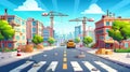 City street with construction site, building work and tower crane. Cartoon cityscape, urban landscape with houses Royalty Free Stock Photo