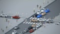 City street corner, people walking on the sidewalks. Elevated view. Digital 3D render concept.