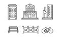 City street elements set, urban infrastructure objects, city buildings, fence, bench, bicycle linear vector Illustration Royalty Free Stock Photo