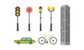 City street elements set, urban infrastructure objects, lantern, traffic light, bike, car, skyscraper vector Royalty Free Stock Photo