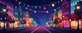 City street filled with colorful lights and festive carnival decorations at night. Concept Night Photography, Cityscape, Festive Royalty Free Stock Photo