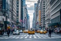 A city street filled with heavy traffic and lined with towering skyscrapers during rush hour, Busy street view of New York with Royalty Free Stock Photo