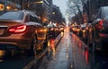 A city street filled with lots of traffic at night. Rain and many cars in traffic