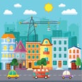 City Street in a Flat Design and Set of Urban Buildings