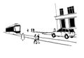 City street hand drawn illustration. Vector black and white cityscape sketch. Urban drawing of car, tram, building and
