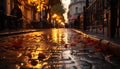 City street illuminated by street lights at dusk generated by AI Royalty Free Stock Photo