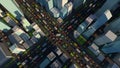 City street Intersection traffic jams road 3d render. Very high detail projection view. A lot cars end buildings top Royalty Free Stock Photo