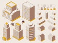 City street isometric constructor in outline mode with cars, buildings and trees. Vector stylish illustration with yellow elements Royalty Free Stock Photo