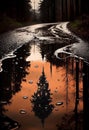 City street with a large puddle on the path with reflection of houses and trees. AI generated