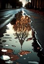 City street with a large puddle on the path with reflection of houses and trees. AI generated