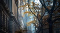 City street with trees, buildings, and electric blue glass facades Royalty Free Stock Photo