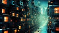 A city street with many buildings and lights. Generative AI image. Royalty Free Stock Photo