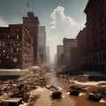 A city street with melting snow, water and buildings. Royalty Free Stock Photo