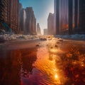 A city street with melting snow, water and buildings. Royalty Free Stock Photo
